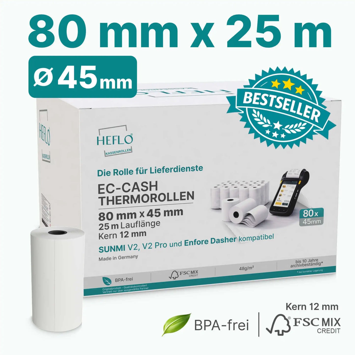 Unsere HEFLO Bstseller Thermorollen 80mm x 25m - 45mm
