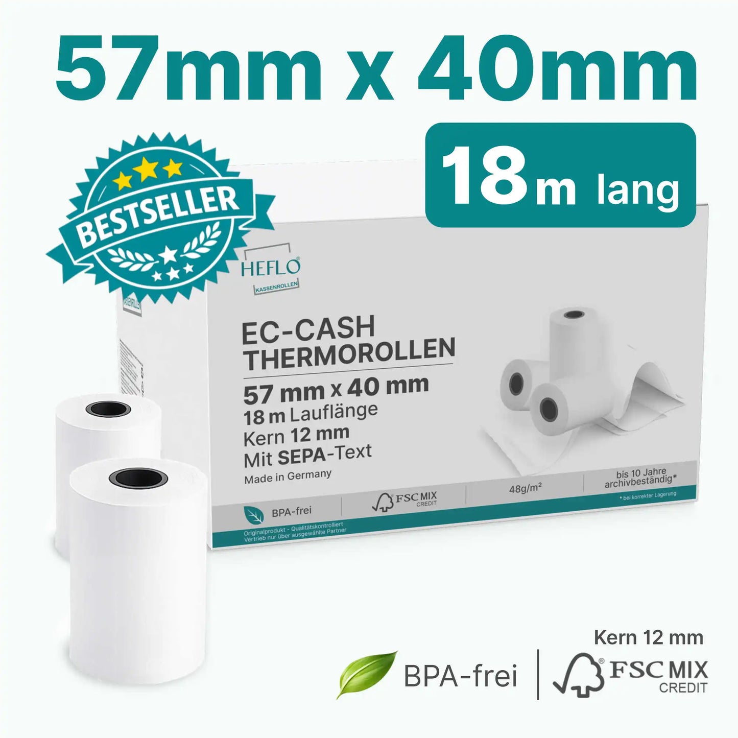 HEFLO Bestseller EC-Cash Thermorolle 57mm x 40mm x 12mm - 198m lang mit SEPA Text