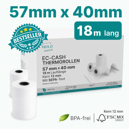 HEFLO Bestseller EC-Cash Thermorolle 57mm x 40mm x 12mm - 198m lang mit SEPA Text