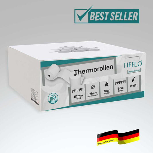 HEFLO® Thermorollen 57mm x 50m, 59mm Durchmesser, Kern 12mm, 48gr. Papier 50m Lauflänge Bonrollen Kassenrollen mit Endmarkierung, "Made in Germany", FSC zertifiziert.