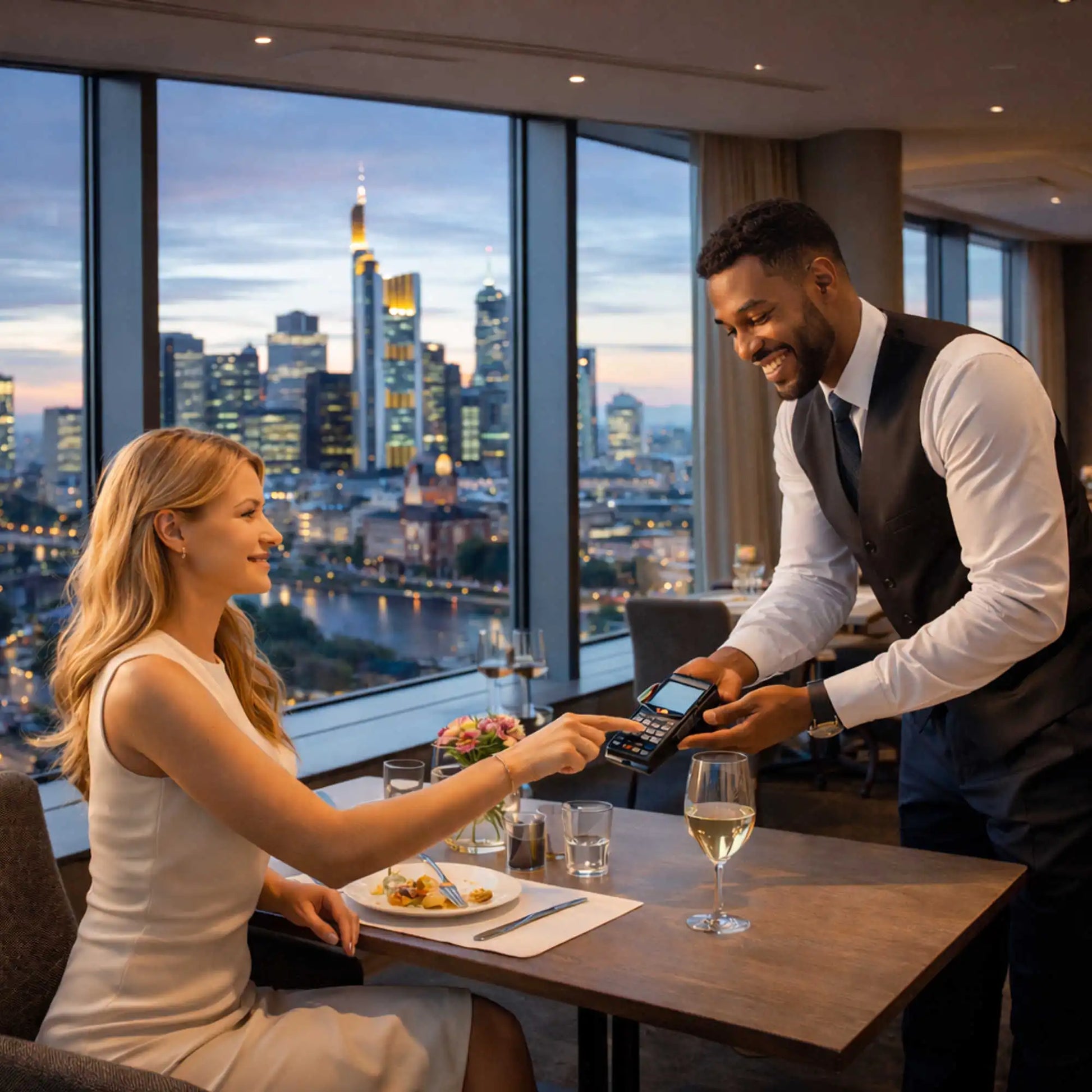 EC-Cash Zahlung in einem Restaurant in Frankfurt mit Blick auf die Skyline