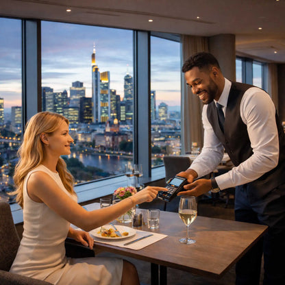 EC-Cash Zahlung in einem Restaurant in Frankfurt mit Blick auf die Skyline