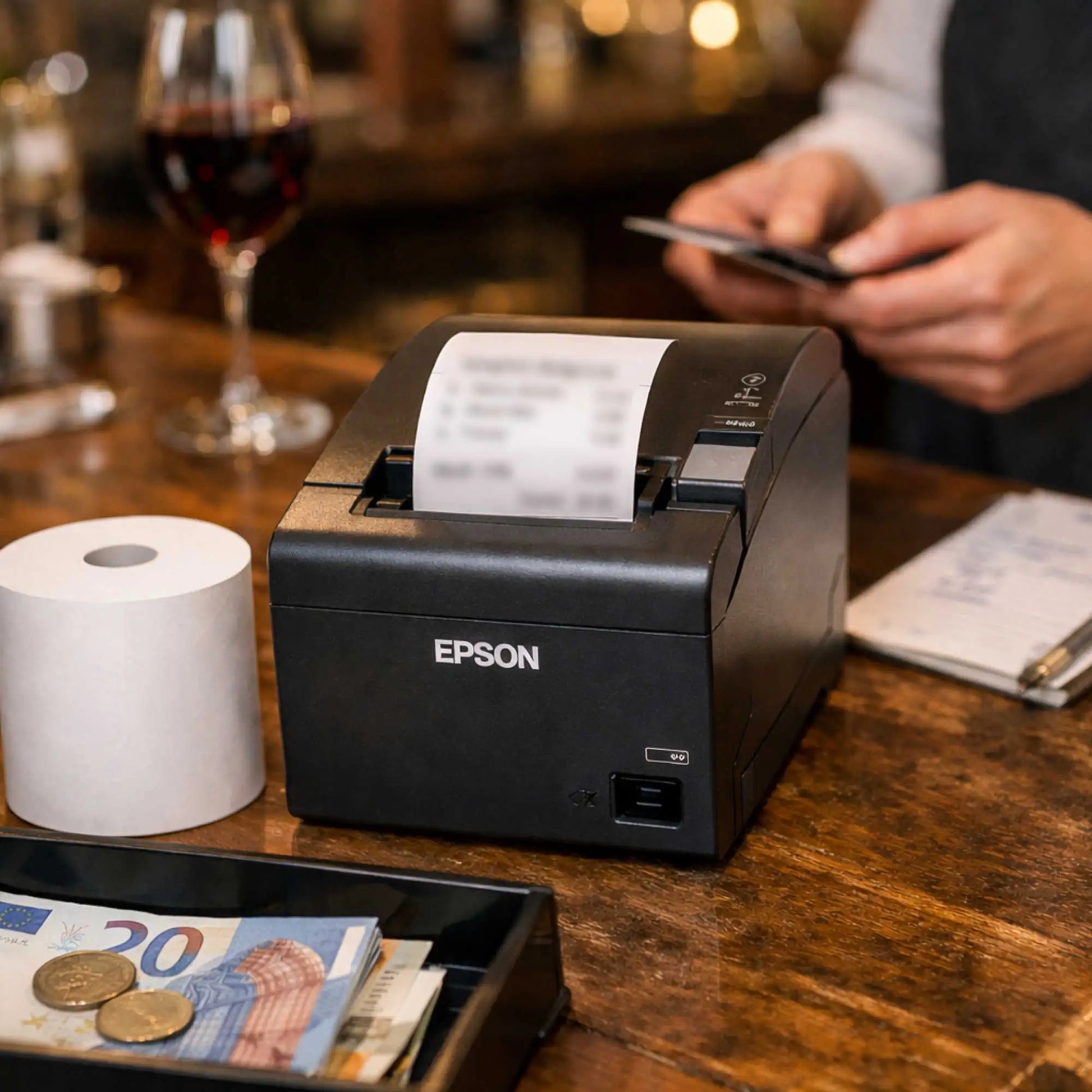 HEFLO Kassenrollen - Ausdruck in einem Restaurant daneben steht ein Kellner.