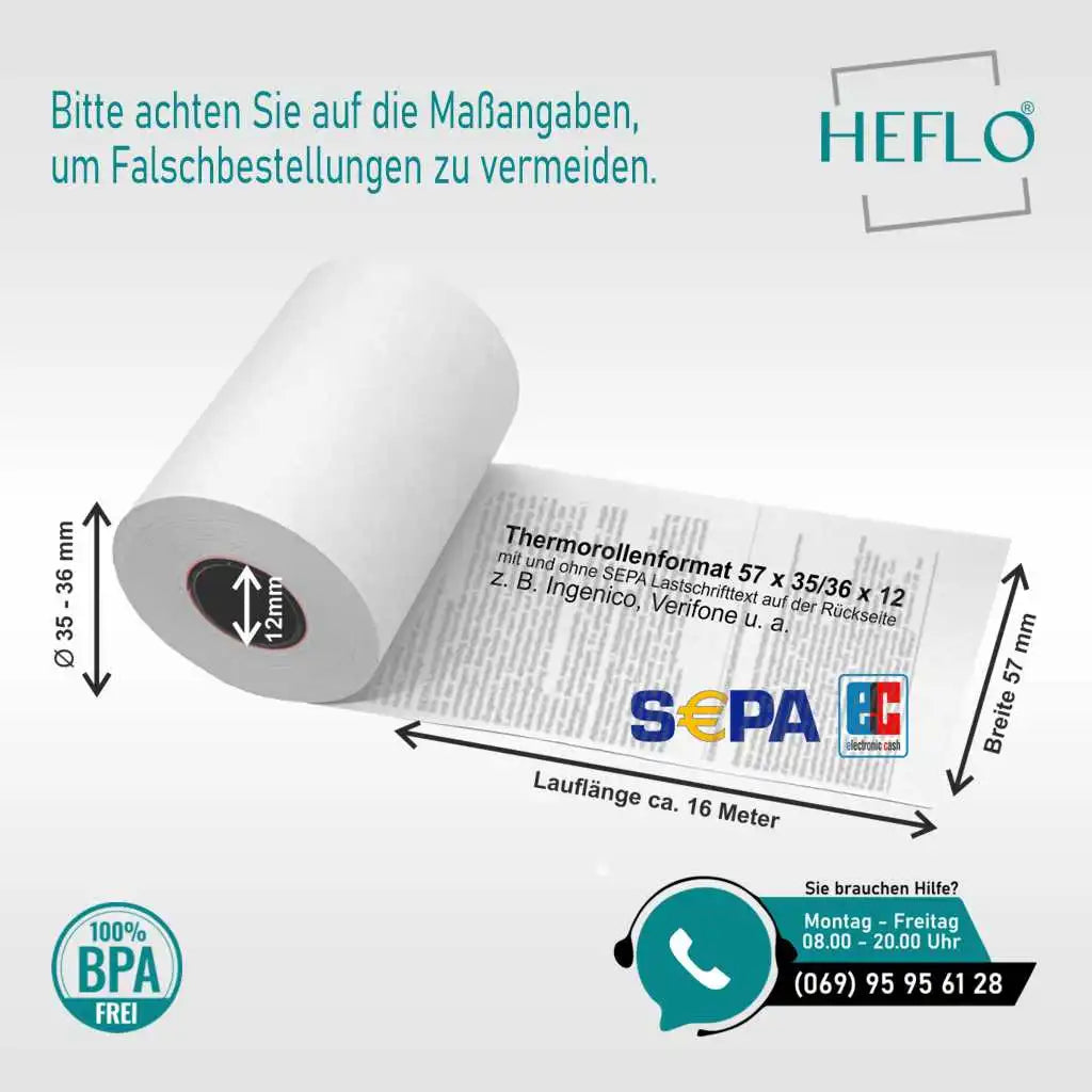 Masse für HEFLO EC Cash Thermorolle 57x35x12 16m lang