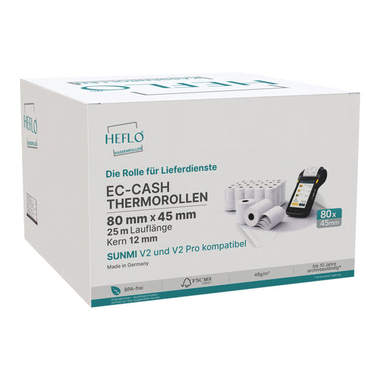 Kartonverpackung für Sunmi V2s Plus mit 80x45 mm Thermorollen 25 m lang blanko, 12 mm Kern – Kassenrollen für Lieferando und Uber Eats Drucker, EC- und POS-Systeme.