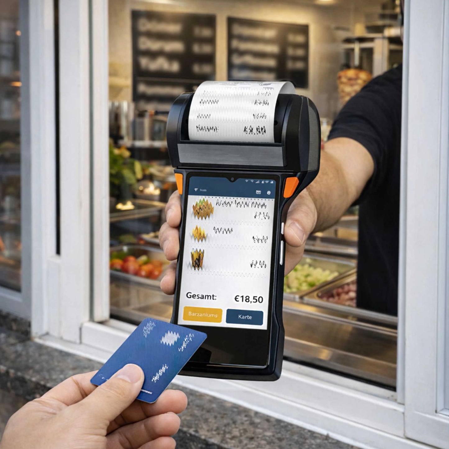 HEFLO Kassenrollen im Streetsale von Dönerladen - Kunde zahlt mit Karte am Lieferando Terminal.