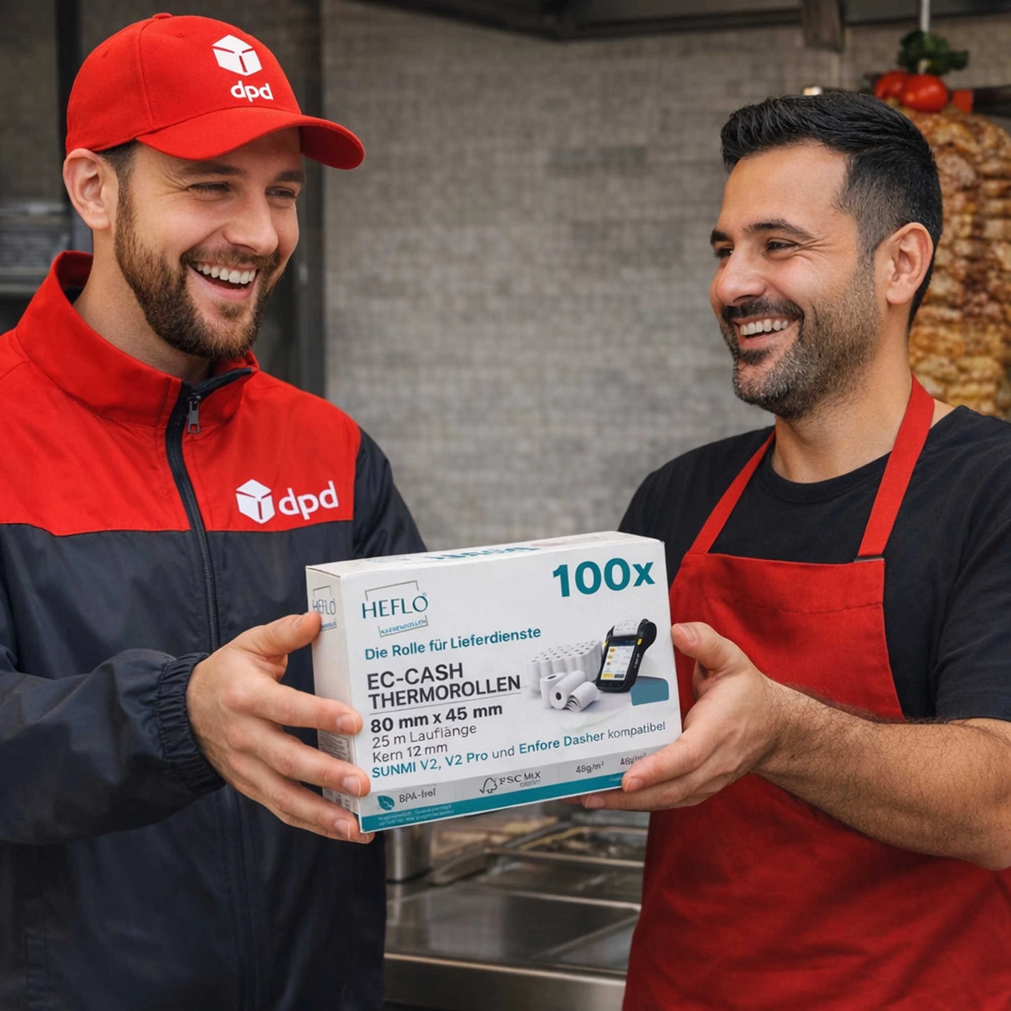 HEFLO Kassenrollen 80mm x 25m mit 45mm Durchmesser werden von DPD an einen Pizza Liefrdienst ausgeliefert