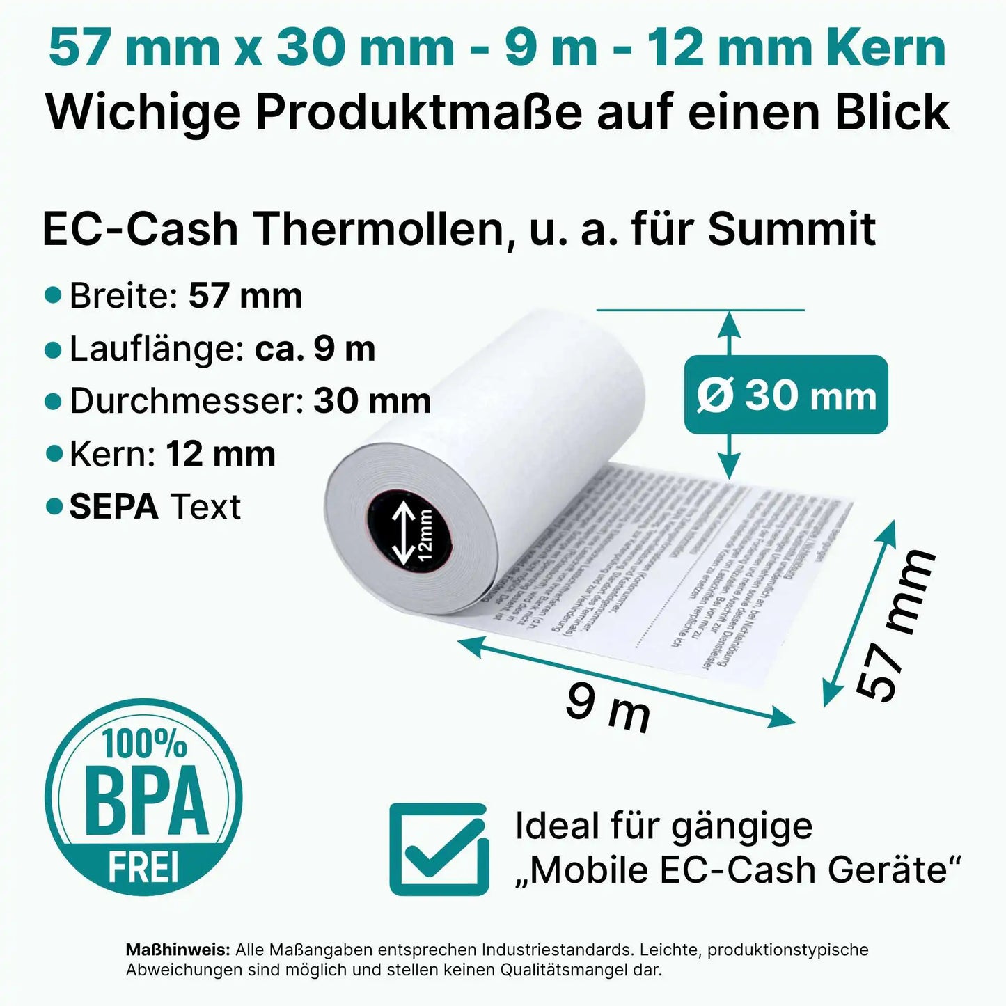 HEFLO-Rollenmasse für Thermorollen 57x30mm x 9m länge mit SEPA-Text