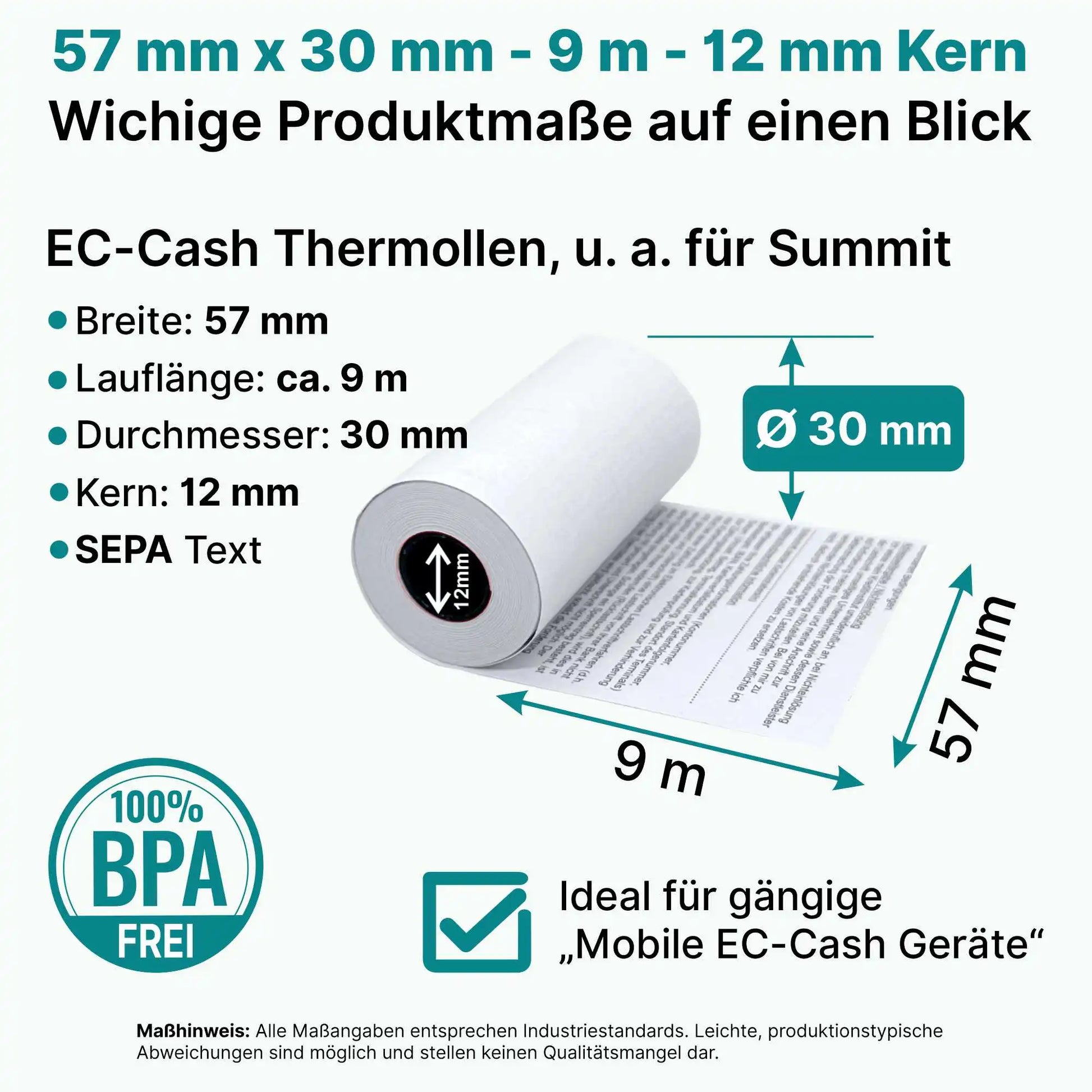 HEFLO-Rollenmasse für Thermorollen 57x30mm x 9m länge mit SEPA-Text