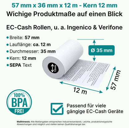HEFLO-Rollenmasse für 57x36mm- - 12m SEPA Kassenrollen
