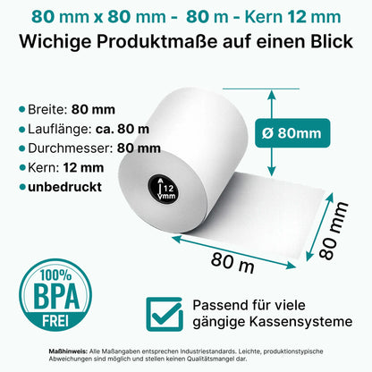 HEFLO Kassenrollen Produktmasse 80mm x 80mm mit 80m Lauflänge im Karton.