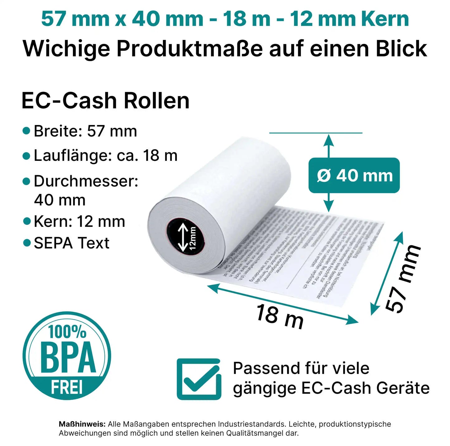 HEFLO-ECCash Thermorollen alle Maßangaben der 57mm x 40mm, 12m langen Rollen.