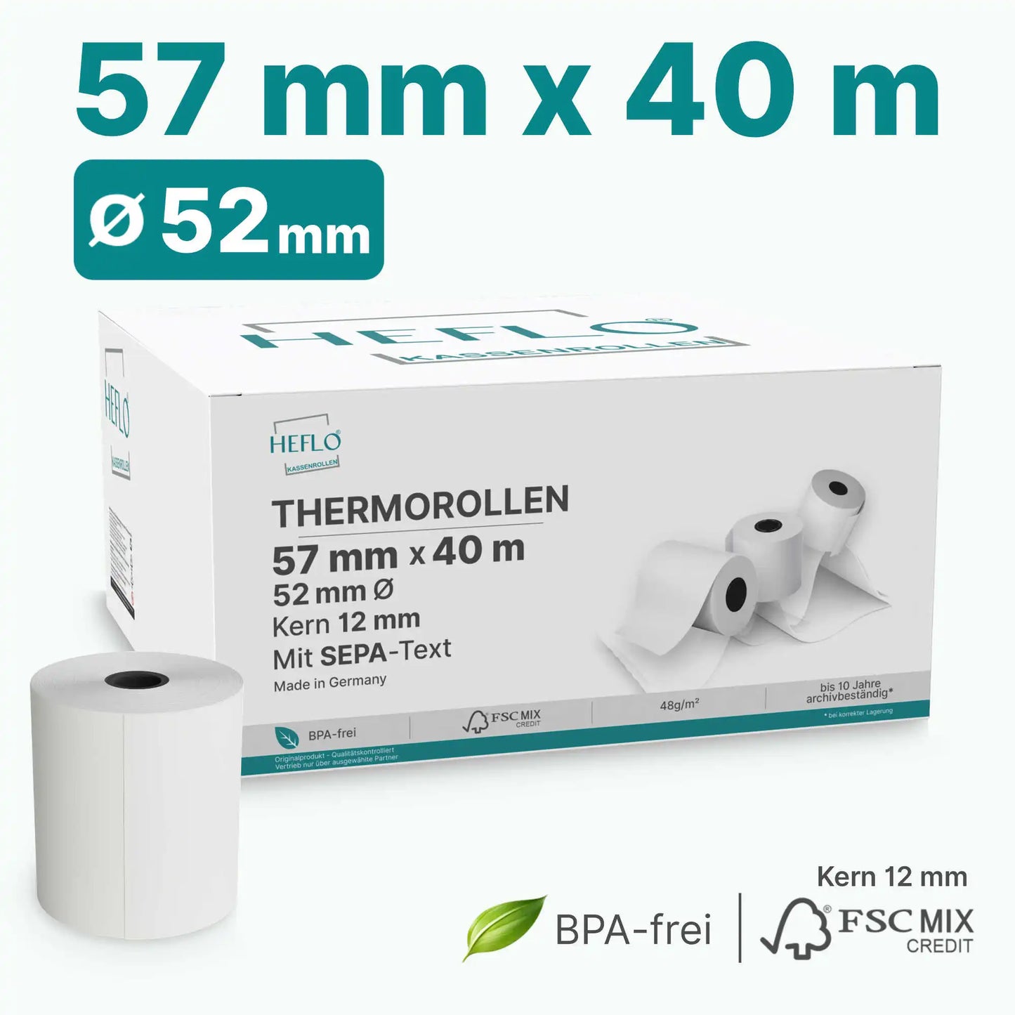 HEFLO EC-ash Rollen 57m x 40m - 52mm im Durchmesser mit Karton zu 50 Stück.