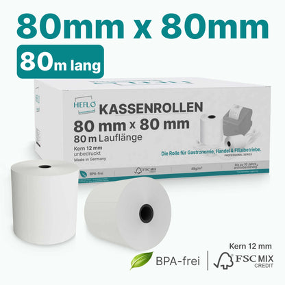 HEFLO Kassenrollen 80mm x 80mm mit 80m Lauflänge im Karton.