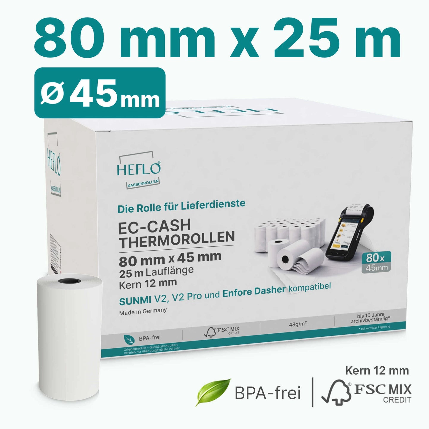 HEFLO Thermorollen 80mm breit und mit 5m Lauflänge zu 50 Stück im Karton.