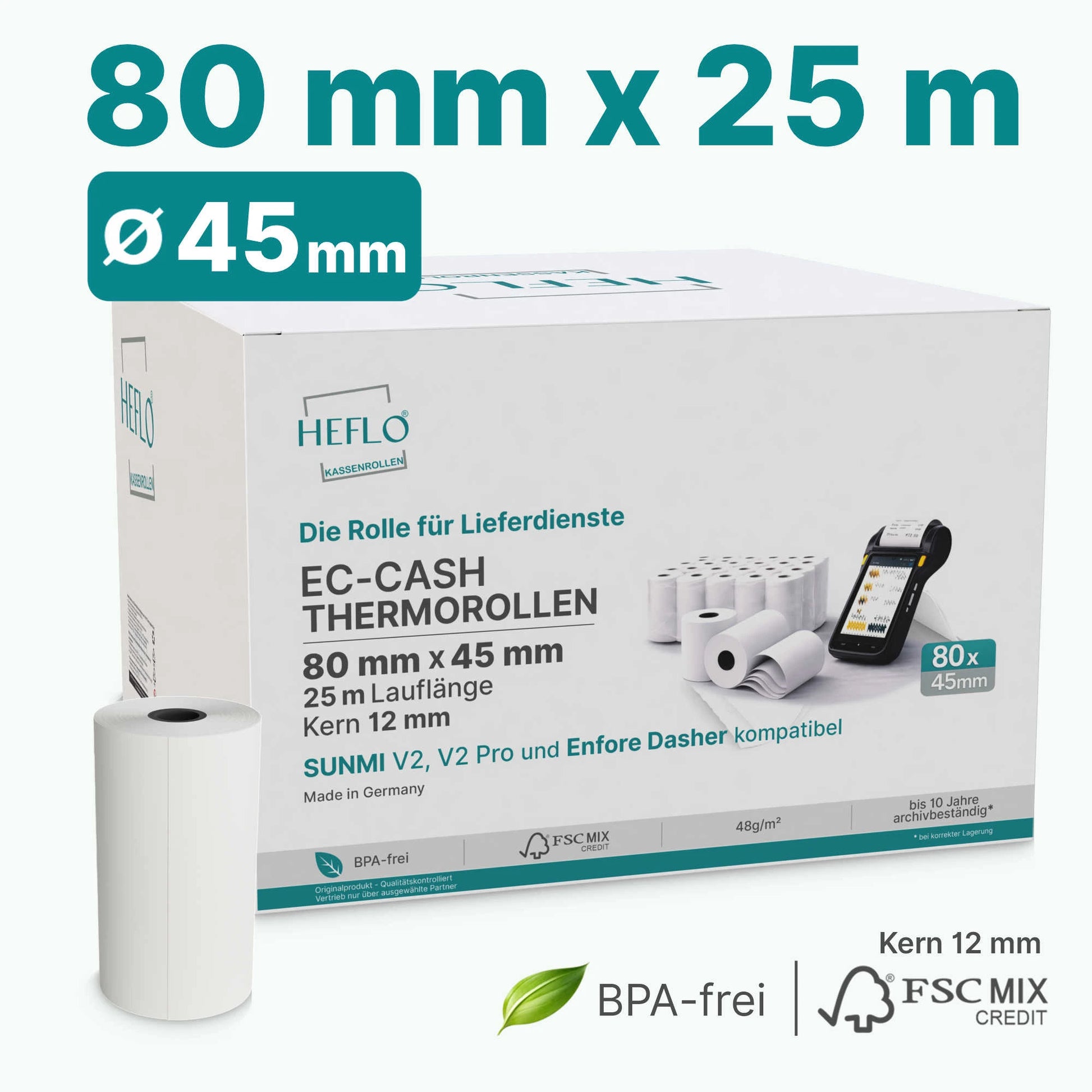 HEFLO Thermorollen 80mm breit und mit 5m Lauflänge zu 50 Stück im Karton.