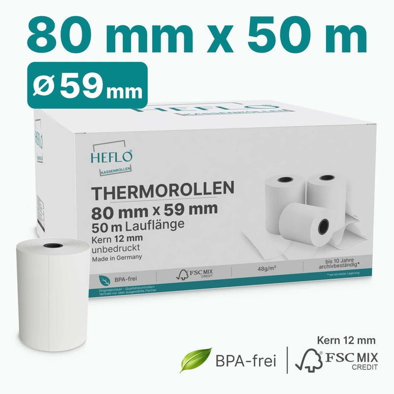 HEFLO® Thermorollen 80 mm × 50 m – Kassenrollen / Bonrollen – Ø 59 mm – 12 mm Kern – BPA-frei