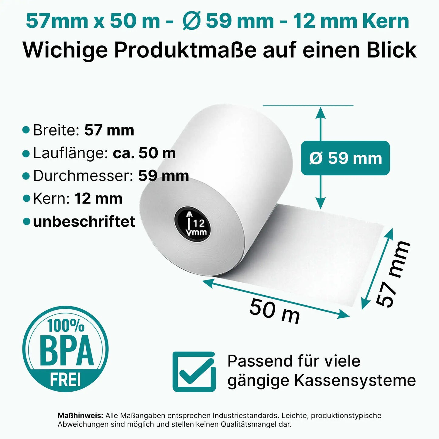 HEFLO Kassenrollen 57mm x 50m  alle Daten und Produktmaße.