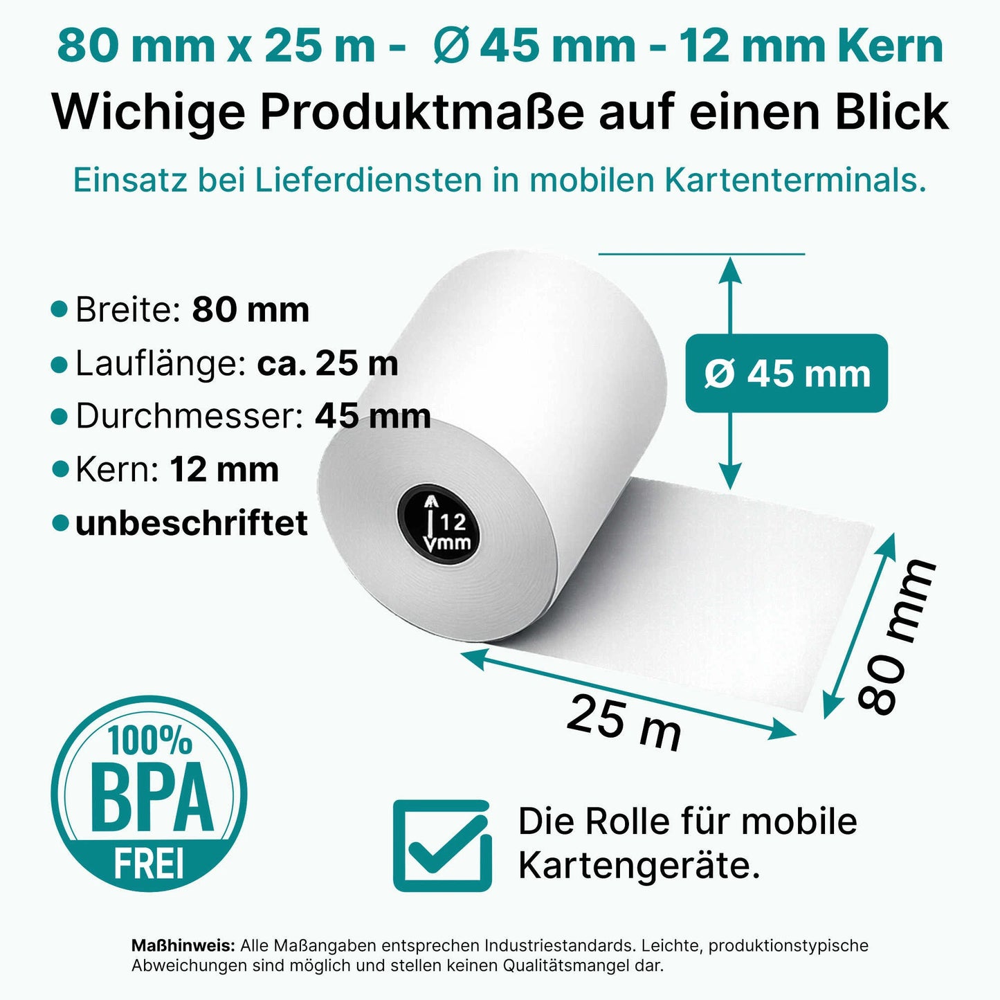 HEFLO Produktmasse für Thermorollen 80mm x 25m und 45m Lauflänge.