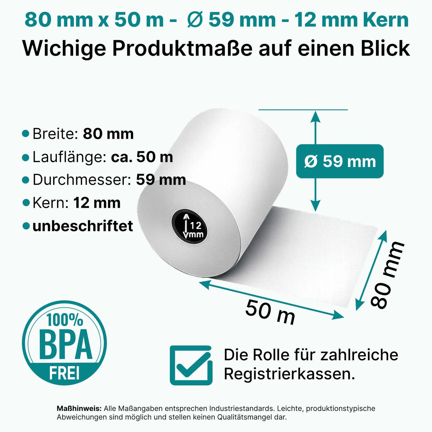 HEFLO Kassenrollen Produktmasse 80mm x 50m mit 59mm Durchmesser  im Karton.