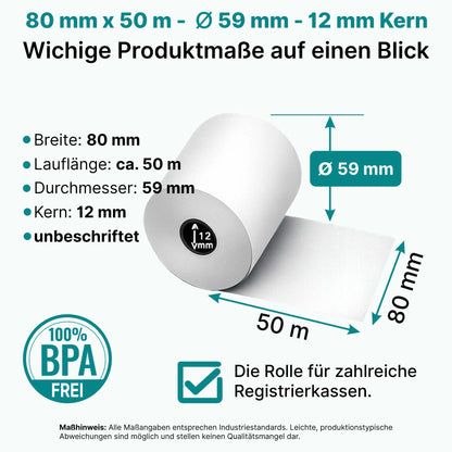 HEFLO Kassenrollen Produktmasse 80mm x 50m mit 59mm Durchmesser  im Karton.
