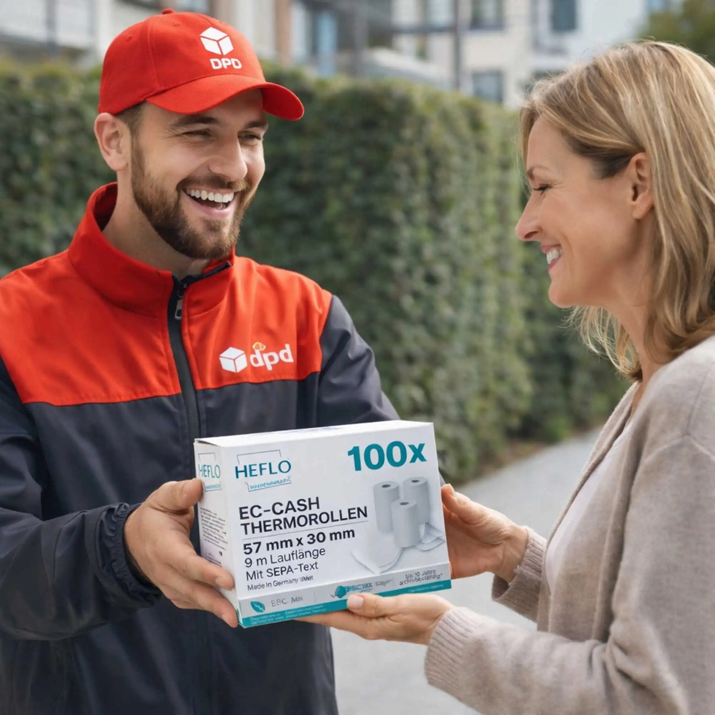 Eine Kundin freut sich über eine DPD ieferung von 100 Thermorollen 57x30mm