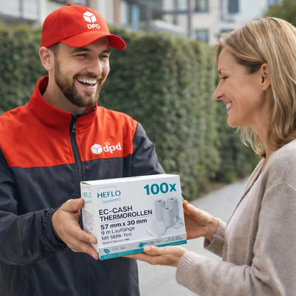 Eine Kundin freut sich über eine DPD ieferung von 100 Thermorollen 57x30mm