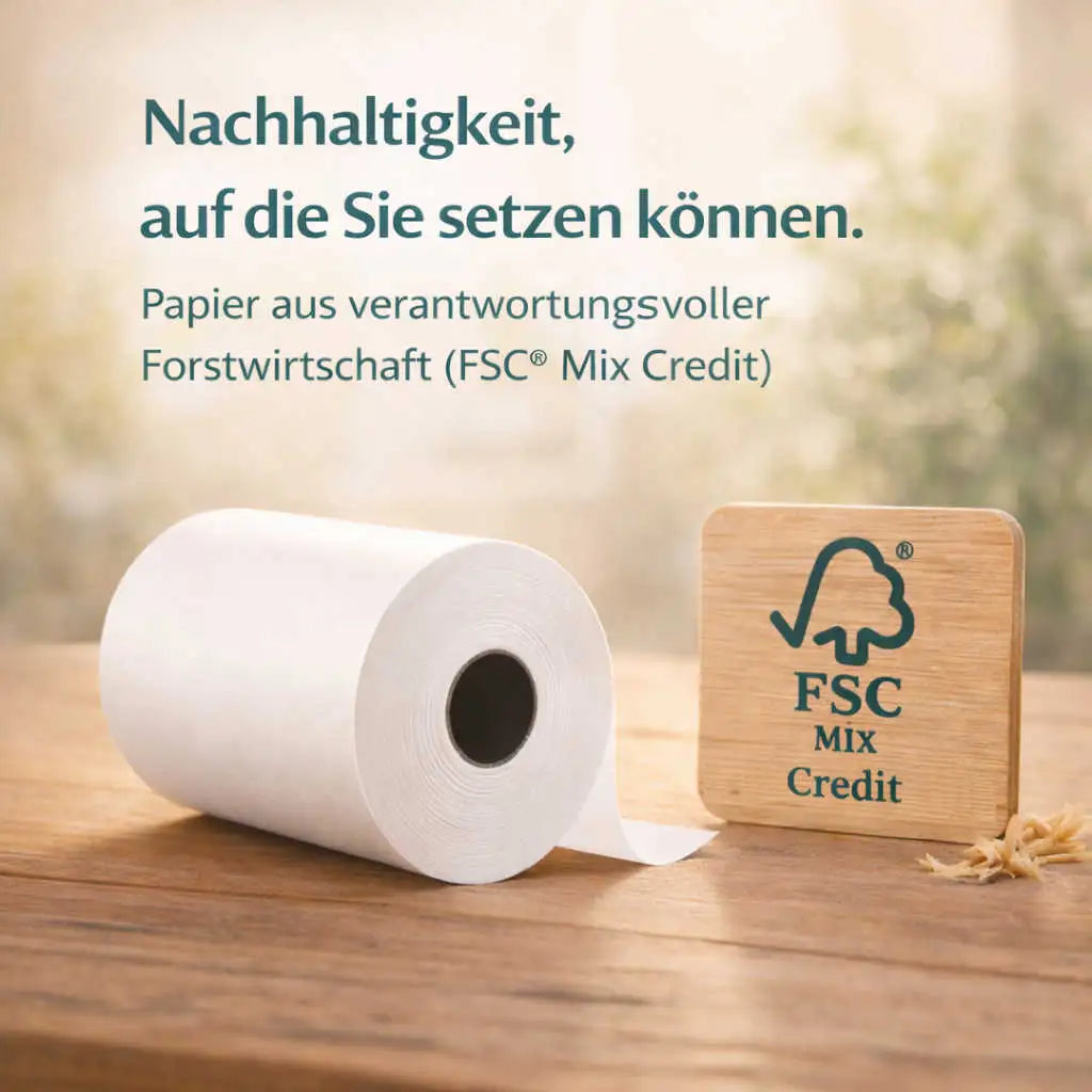 HEFLO Thermorollen Nachhaltigkeit auf die Sie setzen koennen - Rolle neben FSC Mix Credit Aufsteller