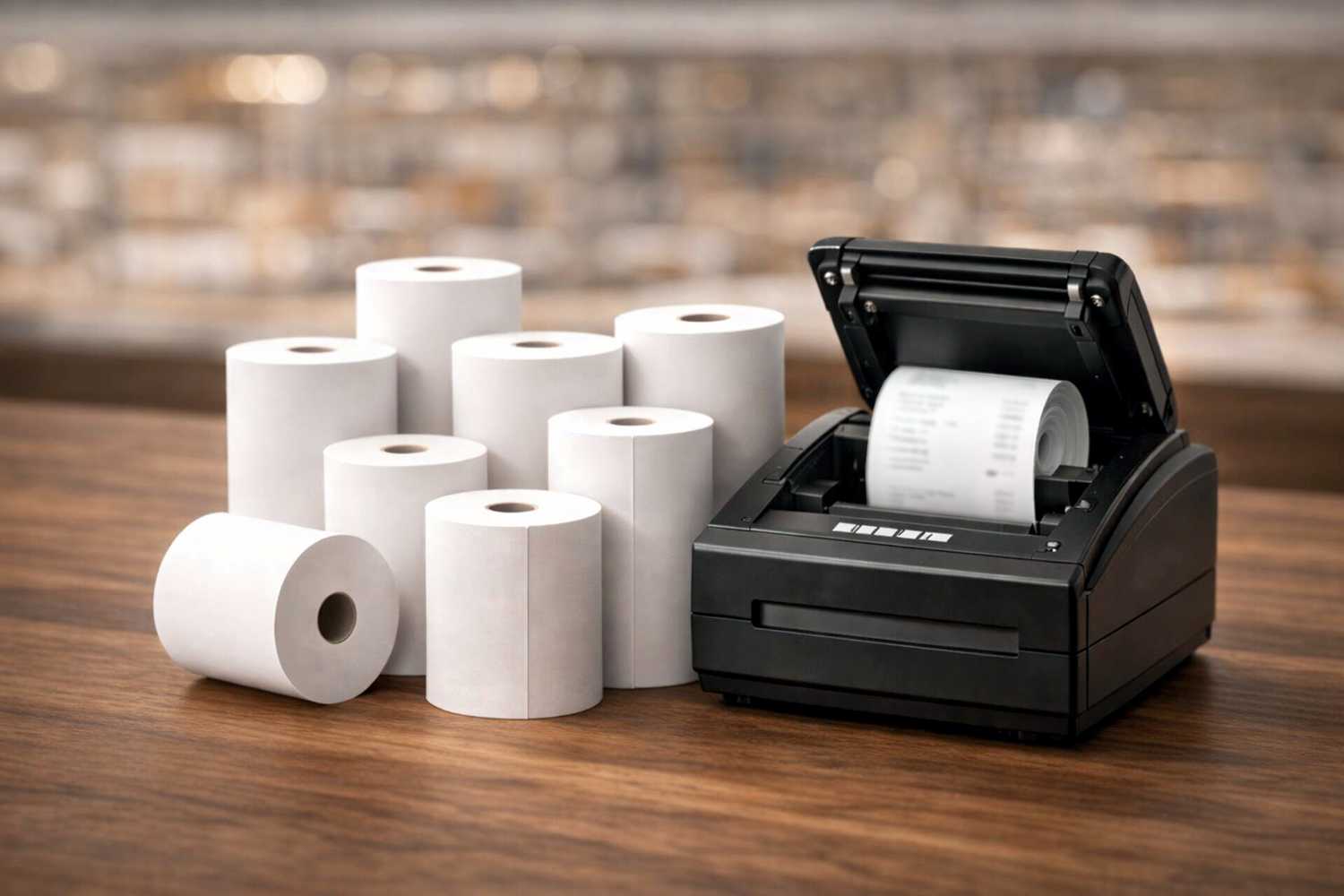Universal Artikel Headerbild Startseite mit Rollen und Bondrucker kompackt auf einem Tisch arrangiert.