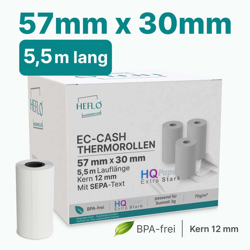 57mm X 30mm, 5,5m Thermorollen, HQ 70gr., EC-Cash ideal für SumUp 3G u. v. a. Kassenrollen mit SEPA Lastschrifttext.