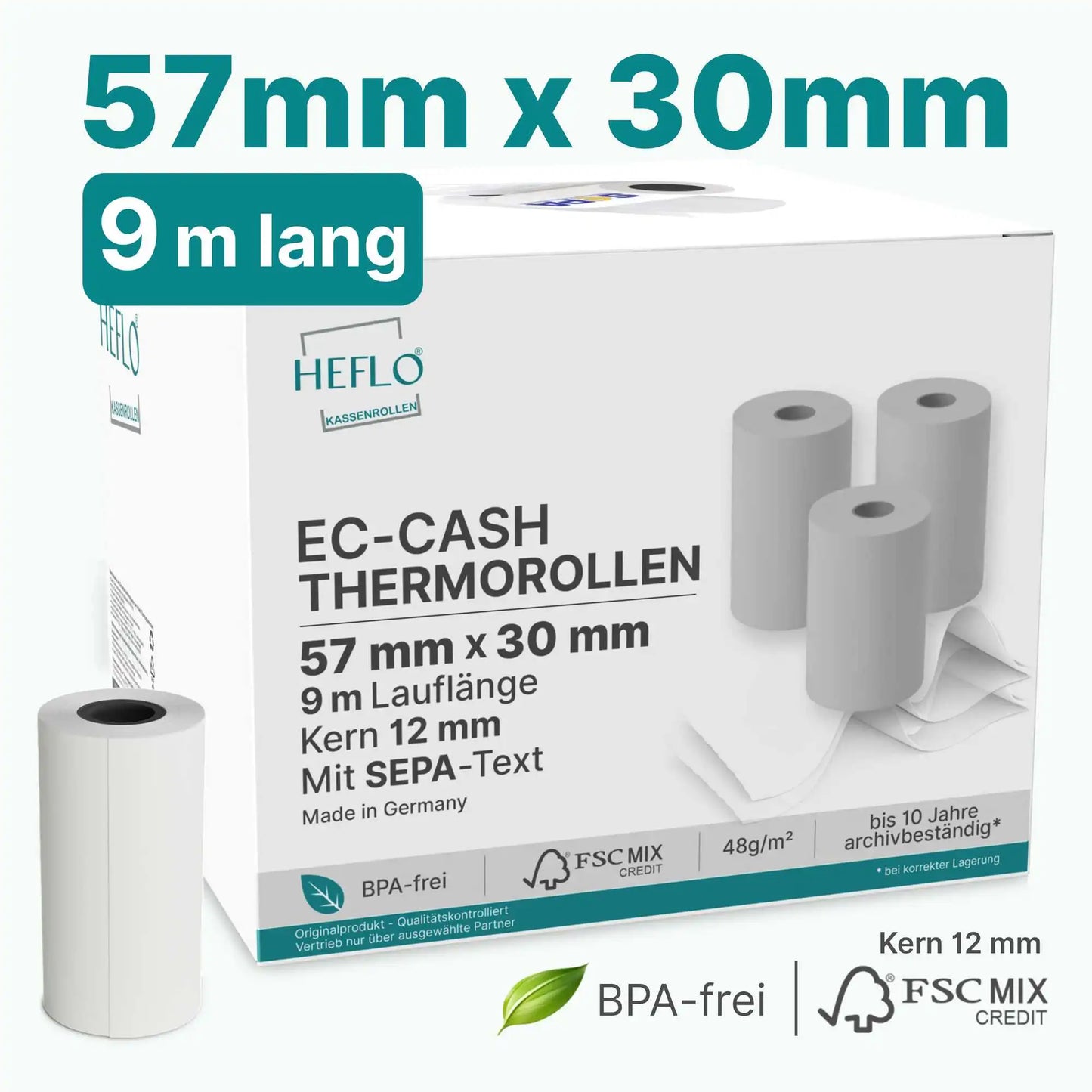 HEFLO-Sartbild-Kassenrollen-57mm x 30mm mit 9m Länge mit SePA Text